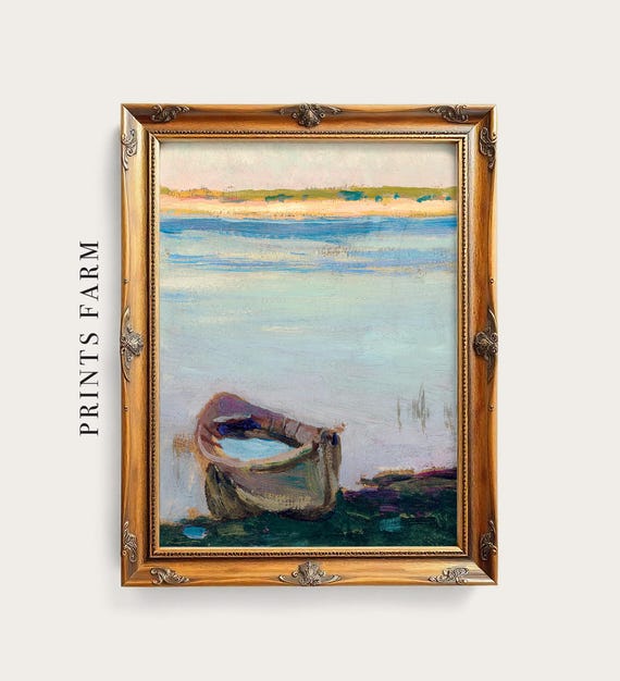 Vintage Boat Painting, Coastal Art Print, Lake House Decor / P849