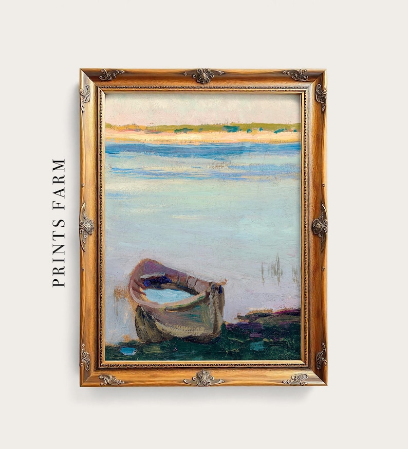 A framed painting depicts a small boat on a calm lake with soft pastel hues. The tranquil scene conveys serenity. Text reads "Prints Farm" on the left.