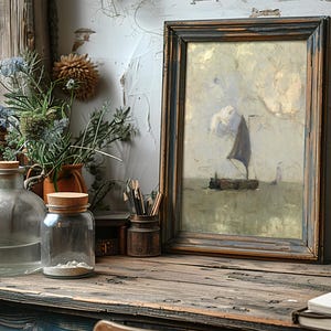 Rustic desk with framed painting of a sailboat, surrounded by glass jars, a notebook, and lush greenery in soft natural light. Cozy, creative atmosphere.