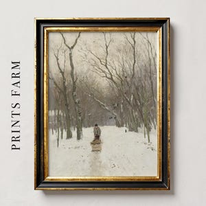 Framed winter scene painting of a person pulling a sled through a snow-covered forest path, evoking solitude and tranquility. Text reads "Prints Farm."