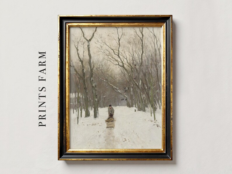 Framed winter scene painting of a person pulling a sled through a snow-covered forest path, evoking solitude and tranquility. Text reads "Prints Farm."