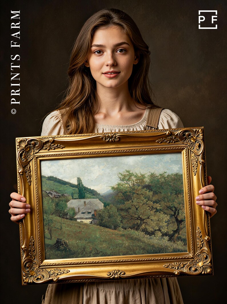 A young woman with long hair, wearing a beige dress, holds a framed landscape painting. The background is dark, highlighting her serene expression.