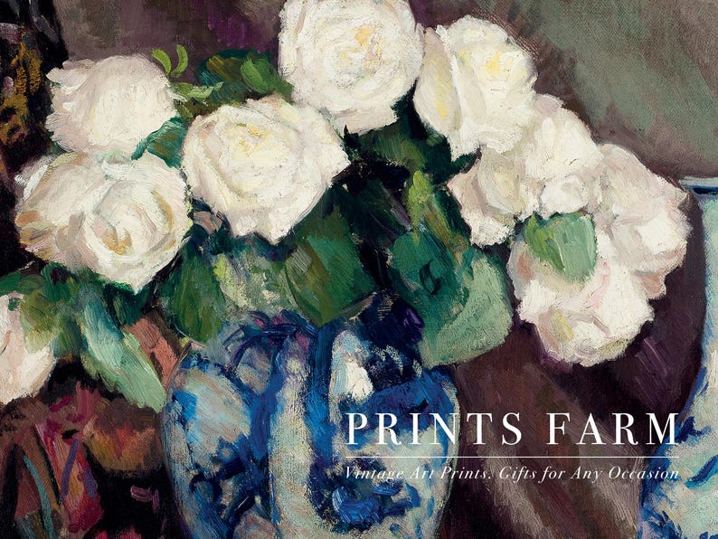 Painting of white roses in a blue vase with green leaves, set against a dark background. The text reads: "PRINTS FARM. Vintage Art Prints. Gifts for Any Occasion."