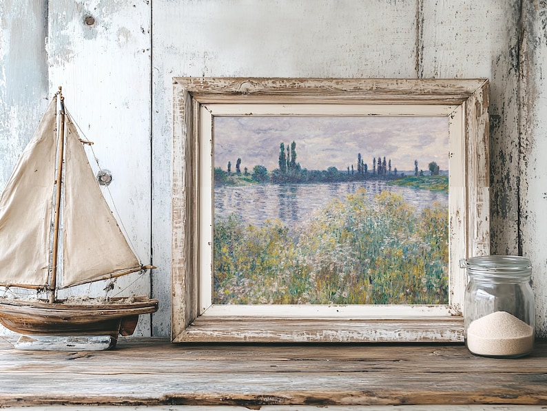 A rustic scene with a model sailboat, an Impressionist painting of a lakeside landscape in a weathered frame, and a jar of sand on a wooden shelf.