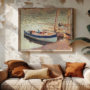 Cozy room with a textured wall featuring a boat painting. A beige sofa with rust and cream pillows sits below, flanked by potted plants. Warm tones prevail.