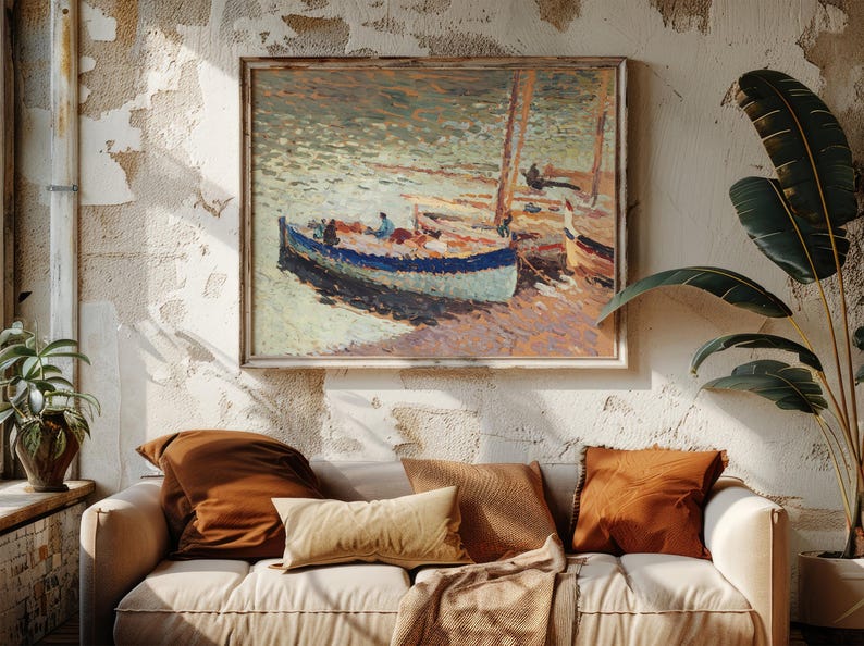Cozy room with a textured wall featuring a boat painting. A beige sofa with rust and cream pillows sits below, flanked by potted plants. Warm tones prevail.