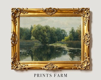 Lake Landscape Painting, Rustic Country Art Print / P72