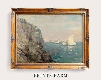 Sailboat Painting, Vintage Seascape Print, Coastal Home Decor / P782