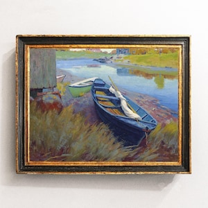 River Landscape, Boats Painting, Vintage Landscape, Country Painting, Cabin Decor / P561