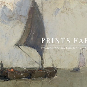 An impressionist painting depicts a sailboat on calm waters with a cloudy sky. Text overlay reads: "PRINTS FARM - Vintage Art Prints, Gifts for Any Occasion."
