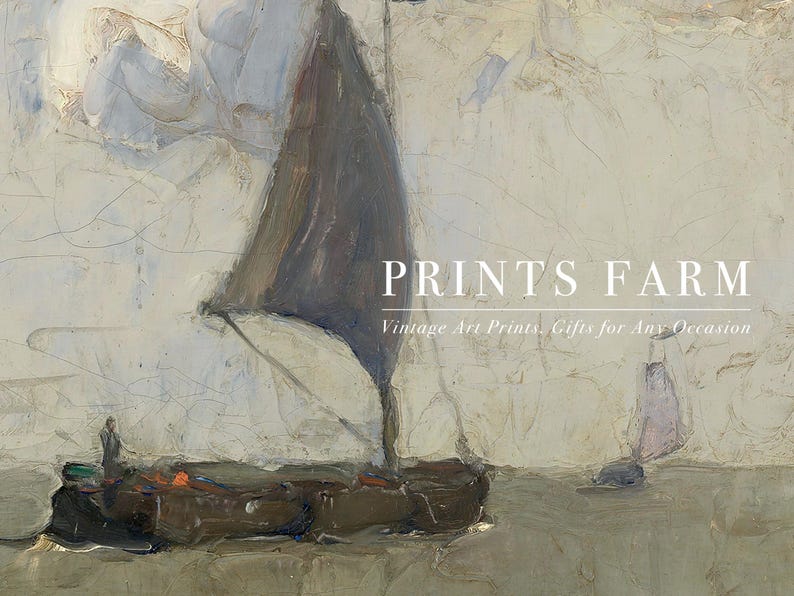 An impressionist painting depicts a sailboat on calm waters with a cloudy sky. Text overlay reads: "PRINTS FARM - Vintage Art Prints, Gifts for Any Occasion."