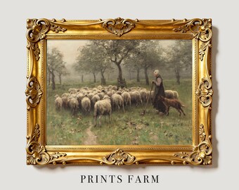 Sheep Painting, Country Landscape, Vintage Farmhouse Print