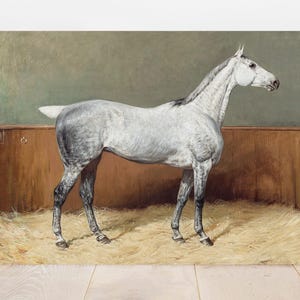 Painting of a gray horse standing on hay against a brown wooden fence. The background is a muted green, creating a calm and dignified atmosphere.
