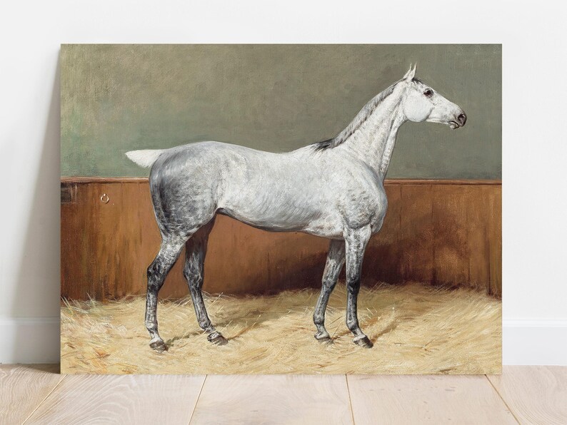 Painting of a gray horse standing on hay against a brown wooden fence. The background is a muted green, creating a calm and dignified atmosphere.