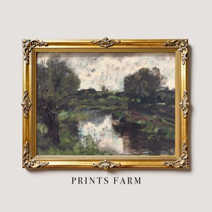 A framed painting depicting a serene landscape with tall trees, a reflective pond, and a cloudy sky. Elegant gold frame, "Prints Farm" below.
