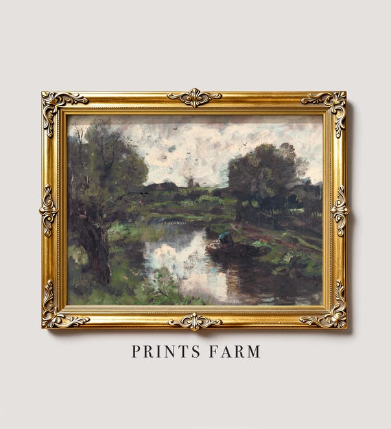 Countryside Painting, River Landscape Print, Rustic Farmhouse Art / P432