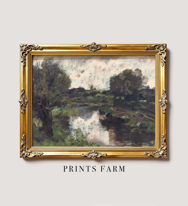 A framed painting depicting a serene landscape with tall trees, a reflective pond, and a cloudy sky. Elegant gold frame, "Prints Farm" below.