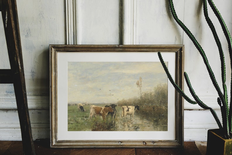 Cows Painting, Country Landscape, Riverside Painting, Home Decor, Vintage Art, Mailed Print / P46 Bild 2