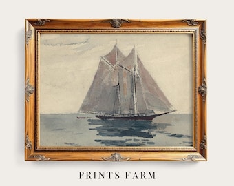 Sailing Ship Painting, Vintage Seascape Watercolor, Nautical Wall Art / P712