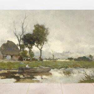 A serene landscape painting features a thatched cottage, bare trees, and a calm river reflecting the cloudy sky. A small boat adds to the tranquil scene.