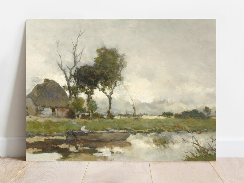 A serene landscape painting features a thatched cottage, bare trees, and a calm river reflecting the cloudy sky. A small boat adds to the tranquil scene.
