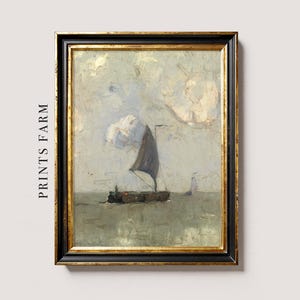 Framed painting of a sailboat on a calm sea under a cloudy sky, with soft, muted tones. The mood is serene and contemplative.