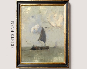 Lámina vintage con paisaje marino y veleros, arte costero, decoración para casa de playa / P794