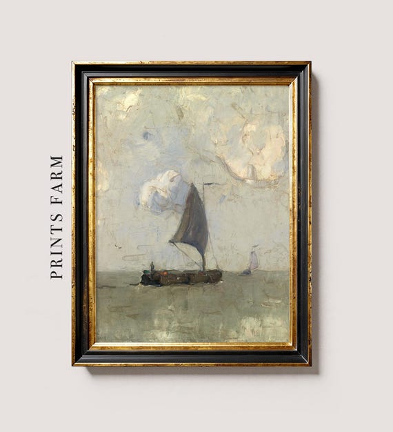 Vintage Sailboat Seascape Print, Coastal Landscape Art, Beach House Decor