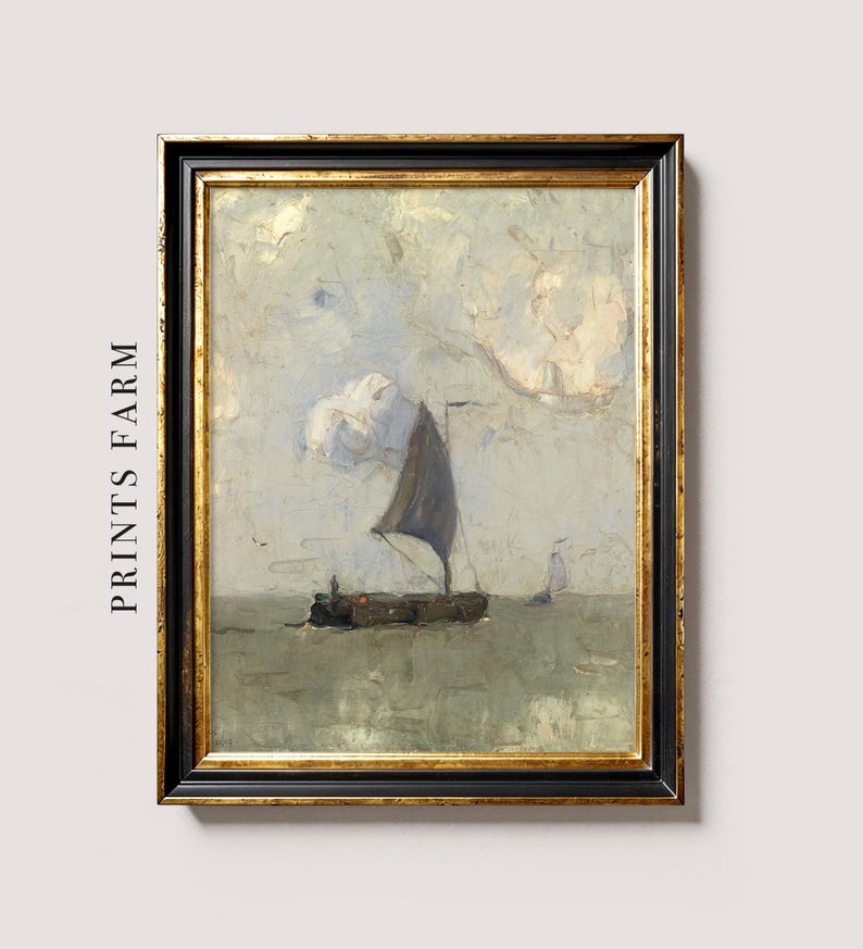 Framed painting of a sailboat on a calm sea under a cloudy sky, with soft, muted tones. The mood is serene and contemplative.