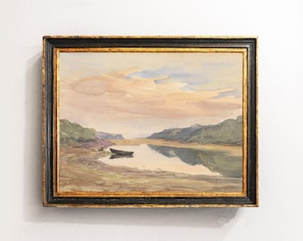 湖の絵 Lake Landscape, Lakeside Watercolor, Boat Painting, Vintage