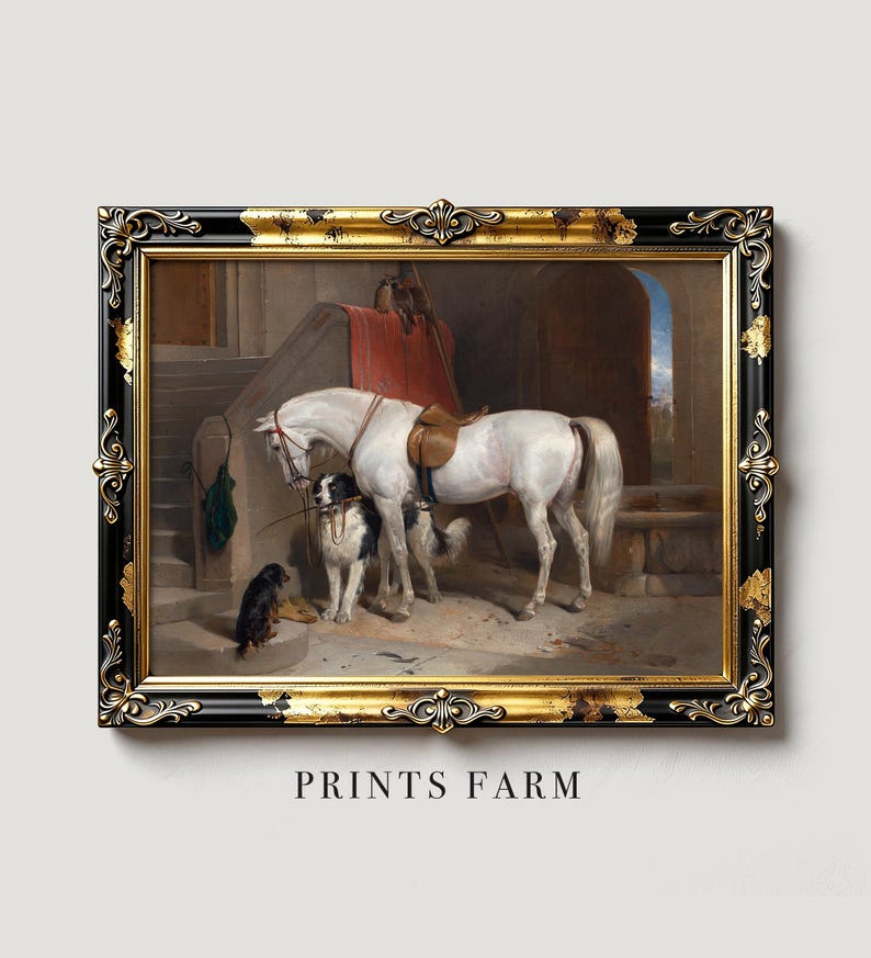 A framed painting depicts a calm white horse with a saddle, accompanied by two dogs inside a rustic stable. The scene conveys a serene, pastoral mood.