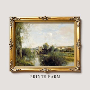 Vintage River Painting, Cottage Art Print, Farmhouse Decor