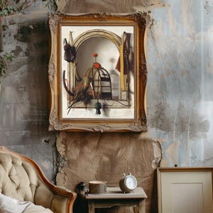 Vintage living room with an ornate framed painting on a rustic wall. The room features a plush armchair, potted plant, classic floor lamp, and clock.