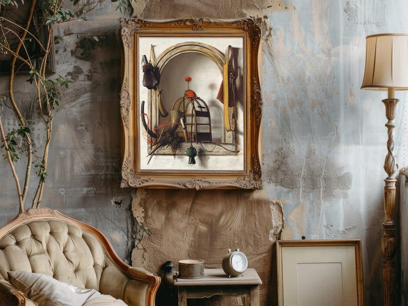 Vintage living room with an ornate framed painting on a rustic wall. The room features a plush armchair, potted plant, classic floor lamp, and clock.