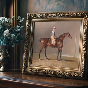 A framed painting of a jockey on a brown horse in an ornate gold frame, placed on a wooden table next to a vase of white flowers.
