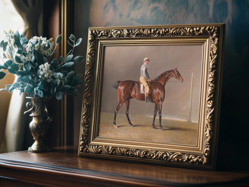 A framed painting of a jockey on a brown horse in an ornate gold frame, placed on a wooden table next to a vase of white flowers.