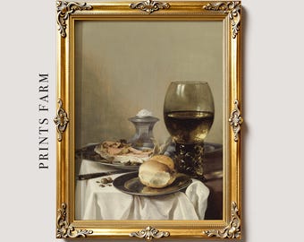 Wine and Bread Still Life Painting, Rustic Kitchen Art  / P125