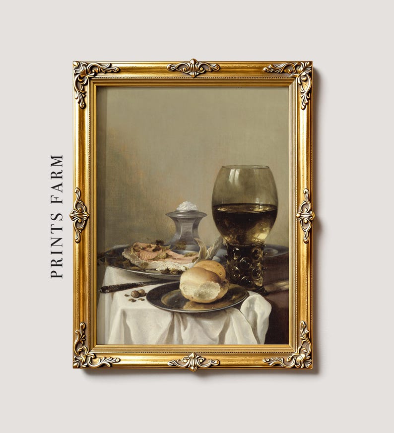 A classic still life painting with a gold frame shows a table with bread, a filled wine glass, and a plate of food, conveying an elegant, serene tone.