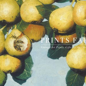 Close-up of ripe, golden pears with green leaves against a blue background. A pear is partially eaten, revealing bees inside. Overlay text reads "Prints Farm, Vintage Art Prints, Gifts for Any Occasion."