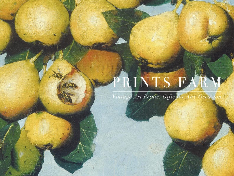 Close-up of ripe, golden pears with green leaves against a blue background. A pear is partially eaten, revealing bees inside. Overlay text reads "Prints Farm, Vintage Art Prints, Gifts for Any Occasion."