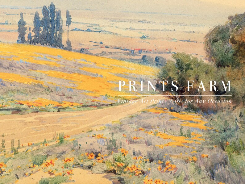 A vintage art print depicts a serene landscape with rolling hills covered in yellow flowers, distant trees, and blue skies. Text reads, "Prints Farm: Vintage Art Prints, Gifts for Any Occasion."