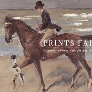 A painting of a man in a suit riding a brown horse on a beach. A small dog jumps alongside. Text overlays: "Prints Farm, Vintage Art Prints, Gifts for Any Occasion."