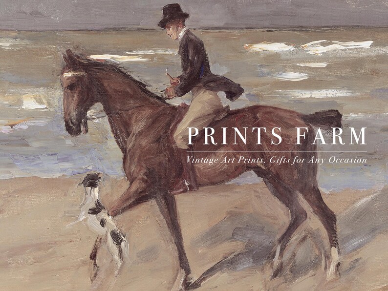 A painting of a man in a suit riding a brown horse on a beach. A small dog jumps alongside. Text overlays: "Prints Farm, Vintage Art Prints, Gifts for Any Occasion."