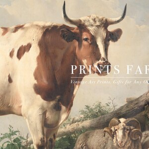 Painting of a calm cow and resting sheep under a cloudy sky. Text: "Prints Farm - Vintage Art Prints. Gifts for Any Occasion." Rustic and serene.