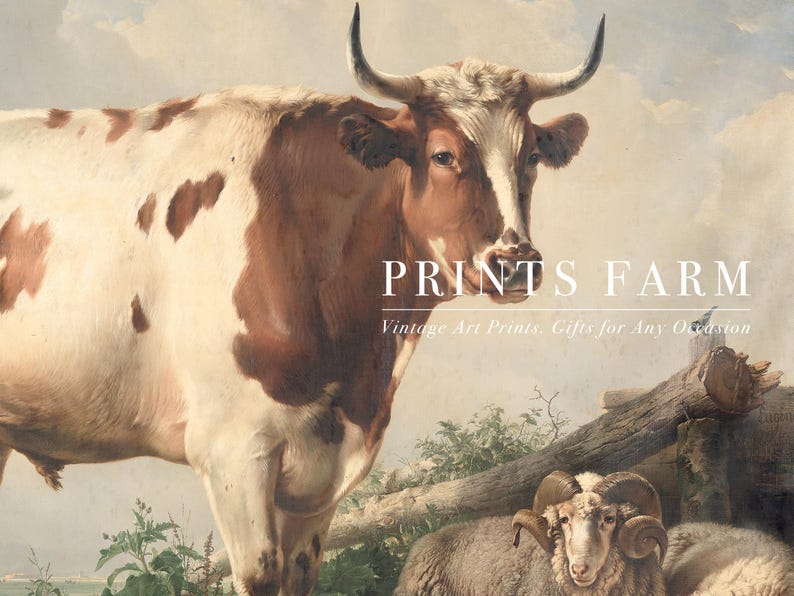 Painting of a calm cow and resting sheep under a cloudy sky. Text: "Prints Farm - Vintage Art Prints. Gifts for Any Occasion." Rustic and serene.