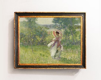 Summer Garden Painting, Country Landscape, Woman with Flowers / P873