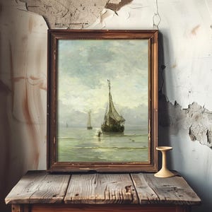 A framed painting of a sailboat on a calm sea leans against a peeling, cracked wall. The scene exudes a sense of nostalgia and tranquility.