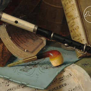 A wooden flute, books, and a pipe rest on a table with music sheets. The scene has a nostalgic tone, suggesting a love for music and literature.