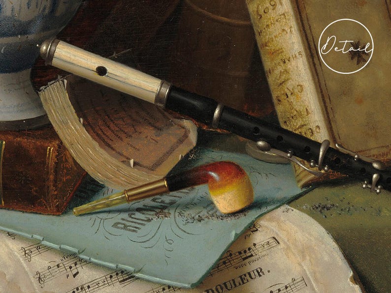 A wooden flute, books, and a pipe rest on a table with music sheets. The scene has a nostalgic tone, suggesting a love for music and literature.