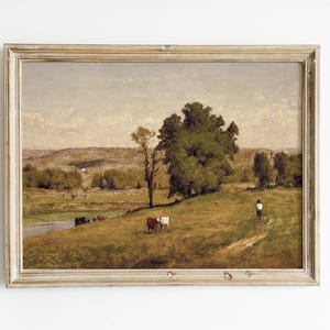 Country Landscape, Vintage Landscape, Meadow Landscape, Farmhouse Decor, Antique Oil Painting / P530